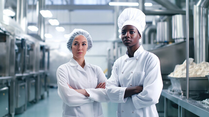 Two professional chefs standing with arms crossed in a modern industrial kitchen, wearing white uniforms and hairnets.