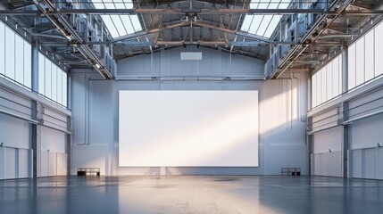 A large empty room with a white screen on the wall