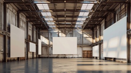 A large empty warehouse with white walls and a white ceiling