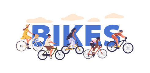 Fototapeta premium Characters Riding Bicycles Outdoors. Vector Concept Conveys A Sense Of Fitness And Freedom, Emphasizing The Joy