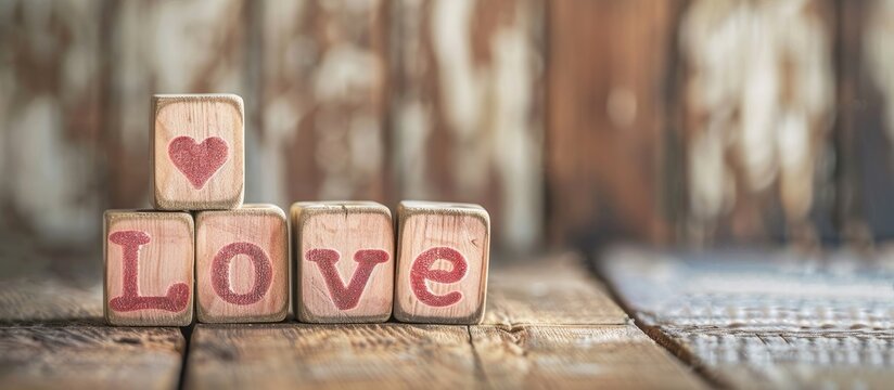 Valentine's Day-themed wooden blocks spelling out "Love" with heart-shaped cutouts on a wooden floor, featuring copy space image.