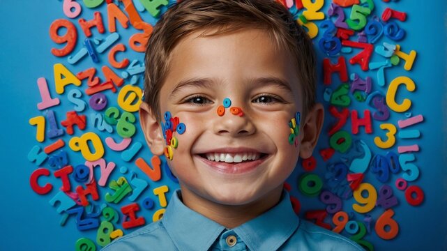 Portrait of a child against the background of letters and numbers. School, education, tutoring