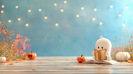 A cute 3D cartoon ghost reading a spooky book, halloween