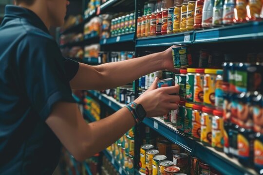Store Employee Organizing Canned Food on Shelves