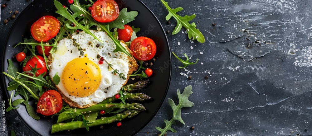 Sticker Top view of a healthy lunch concept featuring a black plate with a fried egg, roasted asparagus, cherry tomatoes, and arugula on a stone background with copy space image.