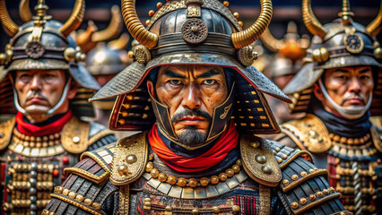 Fototapeta premium Vivid close-up of intricately detailed traditional samurai armor, helmets, and weaponry, exuding fierce intensity and warrior spirit, evoking ancient Japanese honor and discipline.
