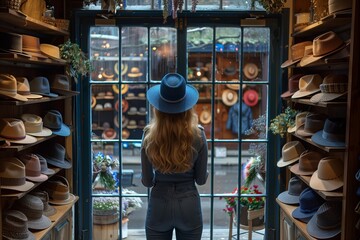 Woman in Blue Hat Looking Out Window of Hat Shop
