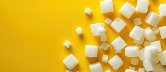 White sugar cubes seen from above on a vibrant yellow backdrop with ample copy space image.