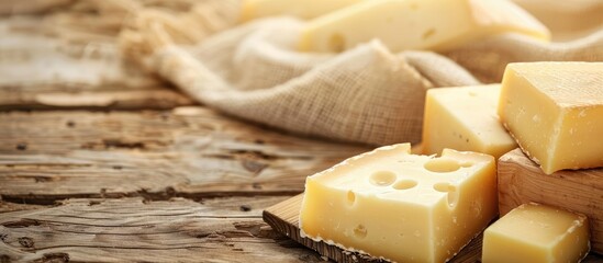 Wooden table with cheese, copy space image.