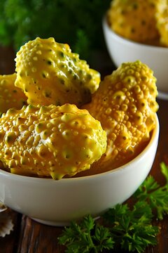 kiwano fruit in white ceramic bowl with green leaves