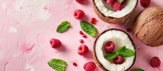 Fresh organic berries and mint leaves in ripe coconuts on a pink background with copy space image in a top view setting, featuring a pop art design and creative summer concept, showcasing half of a