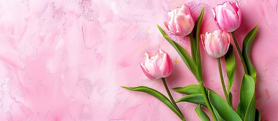 Obraz premium Pink spring tulips on a pink concrete background with copy space image.