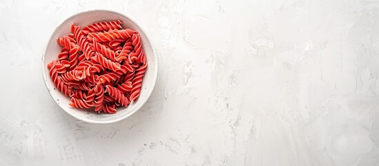 Fototapeta premium Top view of dry red pasta in a ceramic dish on a white background with design concept and ample copy space image.