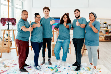 Obraz premium Creative, people and thumbs up with art portrait for artistic achievement, positive feedback and yes for painting classes. Diversity, friends and together with hand gesture, well done and creativity