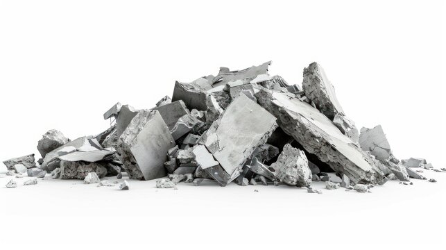 Pile of gray concrete fragments of destroyed building isolated on white