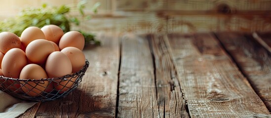 Fresh chicken eggs in a metal wire basket on a rustic wooden table with copy space image, with selective focus celebrating World Egg Day.