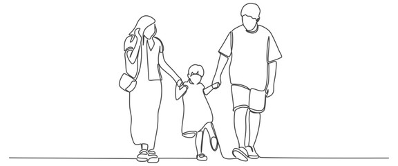 Happy family in continuous line art drawing style. Front view of parents with their little kid holding hands and walking together black linear sketch isolated on white background. Vector illustration