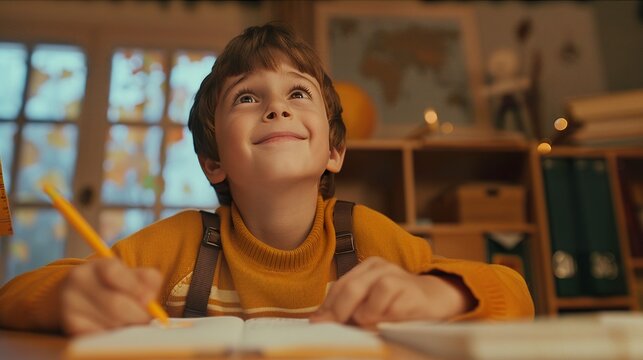 a happy schoolboy sitting at his desk, eagerly writing and absorbed in the process of learning and studying. 