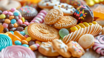 A table full of assorted cookies and candies. The table is covered with a variety of cookies, including some with icing and sprinkles. There are also several types of candy, such as jelly beans