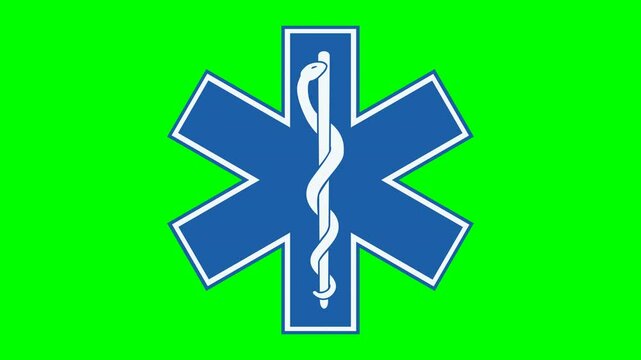 Animation of symbol of the cross with the caduceus of an ambulance falling from the top to the center on green screen with alpha channel in flat design style