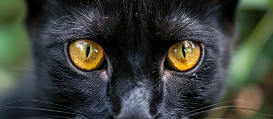 Outdoor nature portrait of a close-up black kitty with striking yellow eyes and ample copy space image.