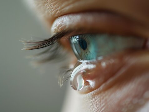 A macro view of a single tear rolling down a person's cheek, symbolizing the quiet, profound emotion of grief