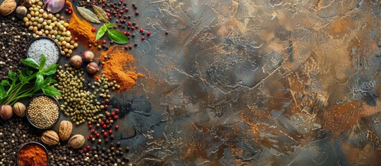 Various spices arranged creatively on a textured stone surface with ample copy space image.