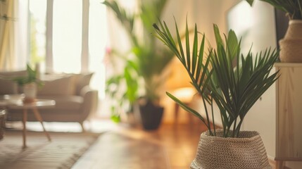 Scandinavian style living room with clean lines, white walls, light wooden furniture, potted plants, large windows, and blurred background for cozy feel. Blurred view of light living room