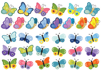 Obraz premium Set of smiling multicolor butterfly clipart. Vector illustration of butterfly cartoon collection on white background. Flying butterfly isolated. Baby shower design elements. Party invitation, birthday