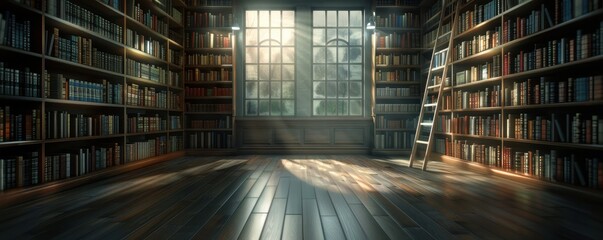 A quiet library with tall bookshelves, cozy reading nooks, and a ladder leaning against the shelves