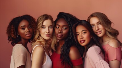 Obraz premium Beauty group and portrait of women with makeup for cosmetic skincare isolated in a studio brown background Diversity aesthetic and young friends together for self care dermatology and support.