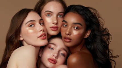 Obraz premium Beauty group and portrait of women with makeup for cosmetic skincare isolated in a studio brown background Diversity aesthetic and young friends together for self care dermatology and support.