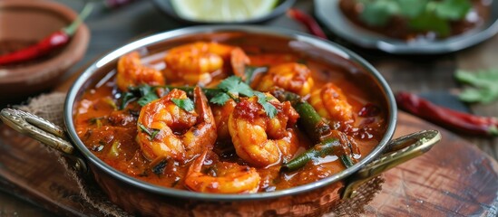 Schezwan Prawns is a delectable Indo-Chinese curry featuring prawns or shrimp simmered in a rich Schezwan Sauce, perfect for seafood lovers. image with copy space