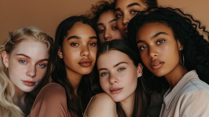 Fototapeta premium Beauty group and portrait of women with makeup for cosmetic skincare isolated in a studio brown background Diversity aesthetic and young friends together for self care dermatology and support.