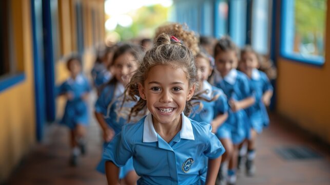 Portrait of group of smiling diverse primary school kids wearing same school uniform and running at school hallway.