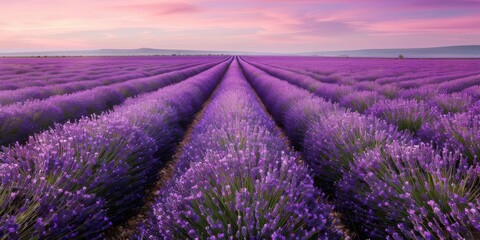 Obraz premium Rows of lavender bloom under a pink sky.