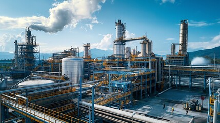 fertilizer production facility with chemical reactors, storage tanks, and workers loading unloading materials
