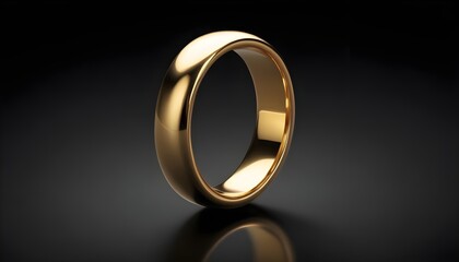 A gold wedding ring on a reflective surface