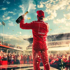 Gordijnen F1 winner in red uniform celebrating the victory on the podium, holding champagne bottle and spraying the crowd with champagne. racing pilot celebrating with champagne spray gran prix vin © Dina Photo Stories