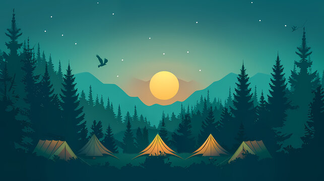 Scenic forest campsite at sunset with tents illuminated against a backdrop of mountains and trees.