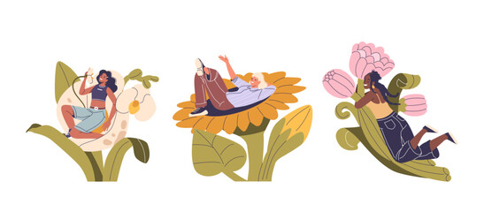 Girls Relaxing On Giant Flowers. Whimsical Scene Depicts A Playful And Imaginative Fantasy World. Each Woman Is Enjoying