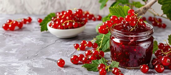 Glass jar with red currant jam and a bowl full of fresh red currant clusters, creating a colorful scene with copy space image.