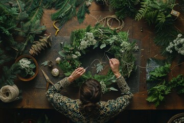 A woman is creating a beautiful greenery wreath at a wooden table using various green plant materials in a crafting process. The setting is filled with botanical, artisan, and creative elements