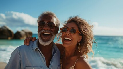 Obraz premium Mature man and woman happy couple dancing on the beach on the sea