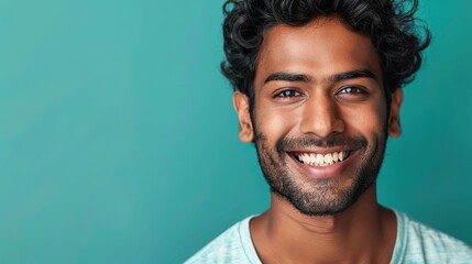 Fototapeta premium a portrait of a smiling multi-ethnic Indian man on a teal background, highlighting space 