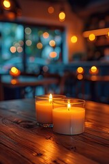A single lit candle on a wooden table, surrounded by warm bokeh lights, creating a cozy and intimate ambiance.