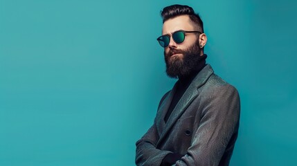Obraz premium a portrait of a stylish bearded guy in a modern outfit on a teal background, conveying confidence and style, with space allocated for adding text 