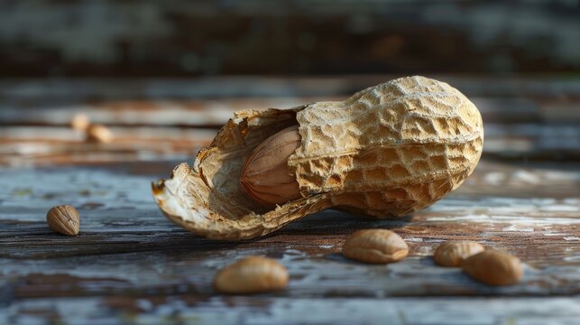 Half peeled peanut with cracked shell on a wooden table.