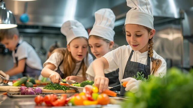 Group of children wearing chef hats and aprons, chopping vegetables and preparing food together in a professional kitchen setting.