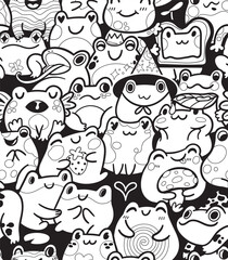 Fototapeta premium Black and white seamless pattern with a lot of cute little frogs characters in kawaii style in outline